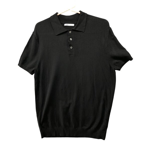 Zara Short Sleeve Polo Sweater Mens M Black Stretch Tight Knit Collared - Picture 1 of 9